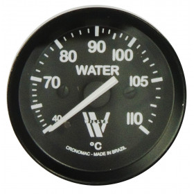 Termômetro Mecânico de Água Cronomac 52mm Linha Especial Willys - Aro e Fundo Pretos / Grafia e Ponteiro Brancos