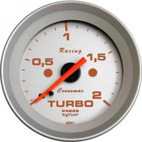 Relógio Manômetro Indicador de Pressão do Turbo Cronomac Linha Racing 52 mm / Mecânico / Ponteiro e Grafia Laranja Fundo e Aro em Aço Escovado