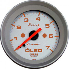 Relógio de Manômetro Pressão do Óleo Cronomac Linha Racing 52mm / Mecânico / Ponteiro e Grafia Laranja Fundo em Aço Escovado