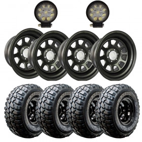 Combo: 4 rodas Roda 16x8 - 6 Furos de 139.7 Daytona Black em Aço (Reforçada) + 4 Pneus GT Radial Adventuro 305/70 R16 co