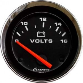 Voltímetro Cronomac Linha Street 52mm / 12V Linha Croma - Aro Cromado / Fundo Preto / Ponteiro Laranja / Grafia Branca