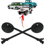Kit com 2 - Retrovisor Redondo com a Haste e Espelho p/ Jeep Willys Rural F-75 - Haste em Metal / Retrovisor de Plastico