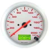Velocímetro Cronomac Eletrônico 100mm/200km/h/ Linha Racing - Aro e Fundo em Alumínio escovado, Ponteiro e Grafia Vermelhos -  Pode ser aferido de acordo com o Tamanho do Pneu
