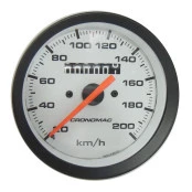 Velocímetro Mecânico Cronomac 85mm 200kmh - Linha Street Fundo Branco, Ponteiro Laranja e Grafia Preta