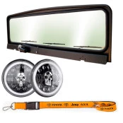 Kit com Quadro de Parabrisa Jeep Willys e Ford de 3 Limpadores + 2 Faróis LED Angel Eyes Caveira + Cordão e Boné