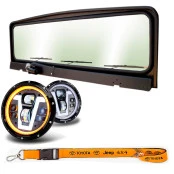 Kit com Quadro de Parabrisa Jeep Willys e Ford de 3 Limpadores + 2 Faróis LED Angel Eyes Transformers + Cordão e Boné