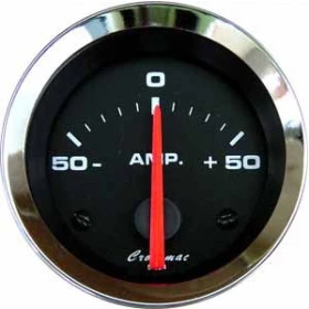 Amperímetro Cronomac Linha Croma 52mm / 50amp. Aro Cromado / Fundo Preto / Ponteiro Laranja e Grafia Branca