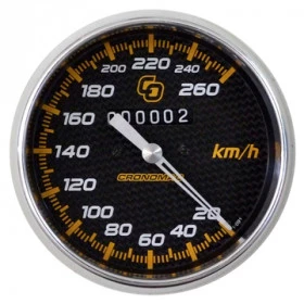 Velocímetro Mecânico Cronomac 100mm / 260km/h - Linha Carbono, Ponteiro em Alumínio / Grafia Laranja e Branca