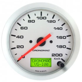 Velocímetro Cronomac Eletrônico 100mm/200km/h/ Linha Racing - Aro e Fundo em Alumínio escovado, Pode ser aferido de acordo com o Tamanho do Pneu