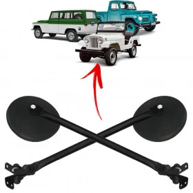 Kit com 2 - Retrovisor Redondo com a Haste e Espelho p/ Jeep Willys Rural F-75 - Haste em Metal / Retrovisor de Plastico