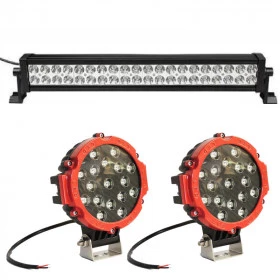 KIT PAI OFF ROAD: 2 Faróis de Milha Led com Armação Vermelha com 51W / 17 LEDs + Farol Barra de Led com 40 LEDS - / 120