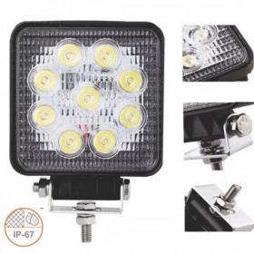 Farol de led quadrado 9 leds 27 W - 12,24  e 36 volts - Únitario