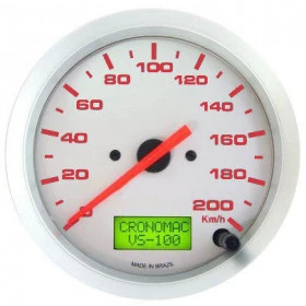Velocímetro Cronomac Eletrônico 100mm/200km/h/ Linha Racing - Aro e Fundo em Alumínio escovado, Ponteiro e Grafia Vermelhos -  Pode ser aferido de acordo com o Tamanho do Pneu