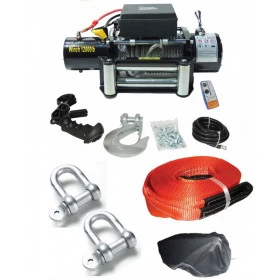 SUPER COMBO!! Guincho Elétrico Winch 12.000lbs / 5400kg com 2 Controles + 2 Anílhas Retas + Cinta 5M / 5 Ton. + Capa de Guincho