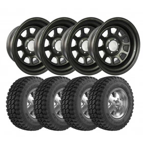 Combo: 4 Rodas Daytona 17x8 5 Furos de 139,7 feita em aço reforçado para Jeep Willys e Ford + 4 Pneus 305/70 R17 Achille