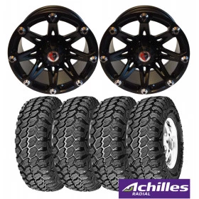 Combo: 4 Rodas 17x9 de Liga leve 5 Furos de 127 + Jogo com 4 Pneus Achilles Desert Hawk 285/70 R17 XM/T - 33 pol. de Diâ