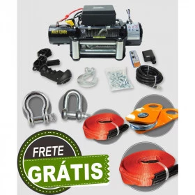 SUPER COMBO!! Guincho Elétrico Winch 12.000lbs / 5400kg com 2 Controles + 2 Anílhas + 2 Cintas Reboques + Patesca 