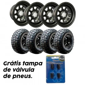 kit 4 Rodas 15x8-6 Furos de 139.7 Daytona Black em Aço Reforçada+4 Pneus 33x12,5 R15 GT RADIAL Adventuro MT Jeep e Suv´s