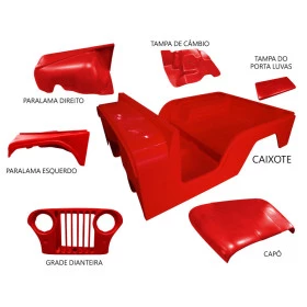 Carroceria em Fibra Vermelha Jeep Willys 55 à 83 Cj5 (Completa sem o quadro) - Cor Básica (Não Precisa Pintar)
