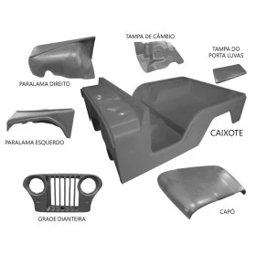 Carroceria em Fibra Cinza Jeep Willys 55 à 83 Cj5 (Completa sem o quadro) - Carroceria Sem Pintura, no Fundo Prime Cinza