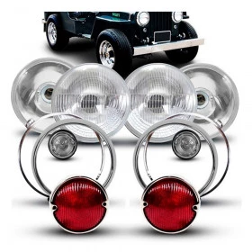 Kit de Iluminação completo Jeep CJ3 1947, 1948, 1949, 1950, 1951- com 4 Aros, 2 Lanternas, 2 Piscas, 2 Faróis 