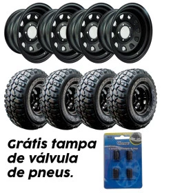 kit 4 Rodas Aro 15x8 5x139.7 Daytona Black em Aço Reforçada + 4 Pneus 33x12,5 R15 GT RADIAL Adventuro MT  Jeep Rural F75