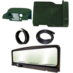 Combo: Carroceria em Fibra para Jeep CJ5  Na Cor Verde Militar + Quadro c/ 3 Limpadores + Borrachas do Capô e do Quadro