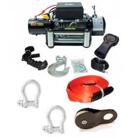 Kit Guincho Elétrico Winch 12.000lbs / 5400kg + controle remoto com fio e sem fio + 2 Anílhas + Cinta 5M