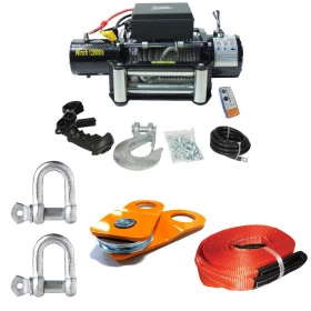 COMBO: Guincho Elétrico 12.000lbs Winch 12v Pro 4X Linha Profissional c/ controle Sem Fio + Cinta Reboque 5 Metros / 5 T
