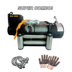 Combo Guincho Elétrico Winch 16.000lbs + 2 Manilhas Curvas de 3/4 + Luva para Manutenção + Controle Remoto com Fio