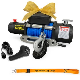 Kit com Guincho Elétrico 12.000 LBS Cabo Kevlar Azul + Guia para Cabos de Kevlar + Gancho e Anilha Preta + Cordão 