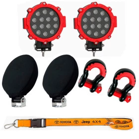 Kit com 2 Faróis de Milha Led Armação Vermelha + 2 Anilha de Aço Carbono 5/8 + Capa para Farol + Cordão Chaveiro e Boné