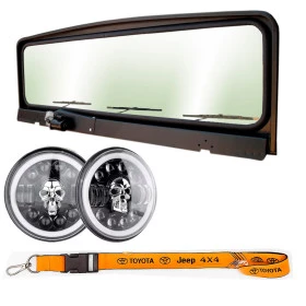 Kit com Quadro de Parabrisa Jeep Willys e Ford de 3 Limpadores + 2 Faróis LED Angel Eyes Caveira + Cordão e Boné