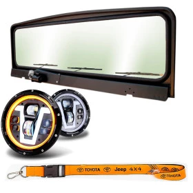 Kit com Quadro de Parabrisa Jeep Willys e Ford de 3 Limpadores + 2 Faróis LED Angel Eyes Transformers + Cordão e Boné