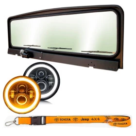 Kit com Quadro de Parabrisa Jeep Willys e Ford de 3 Limpadores + 2 Faróis LED Angel Eyes + Cordão e Boné