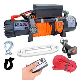 Kit com Guincho Elétrico 13.500lbs Cabo Kevlar + Cinta Reboque + Guia de Cabo + 2 Anilhas + 2 Controles + Cordão e Boné